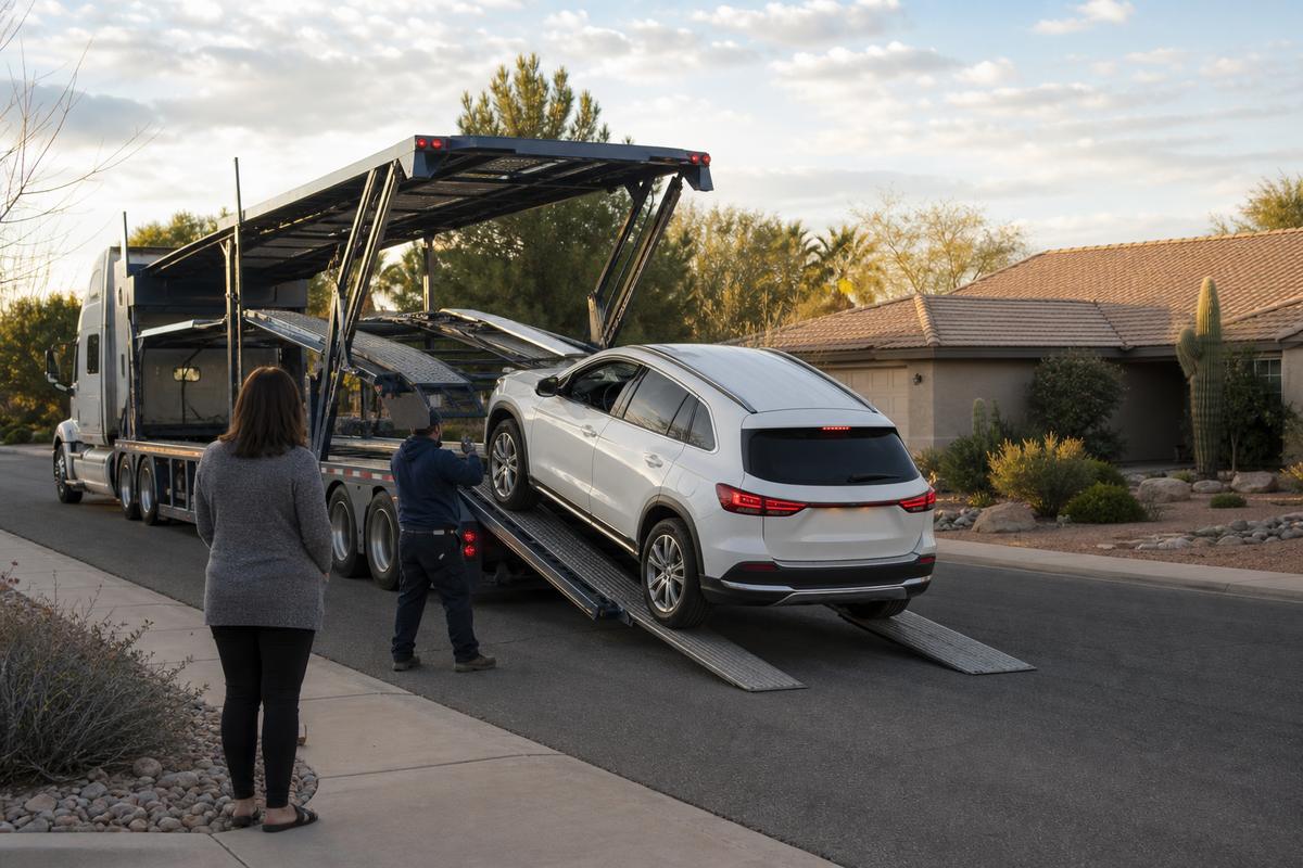 Car delivery in Phoenix An SUV being driven down the ramps off an open carrier at delivery
