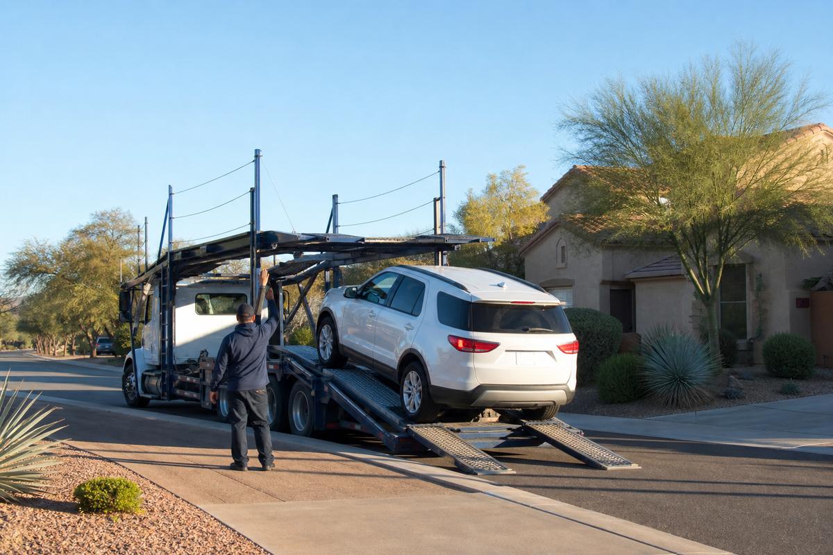 Car pickup in Phoenix An SUV being driven up the ramps onto an open carrier at the curb