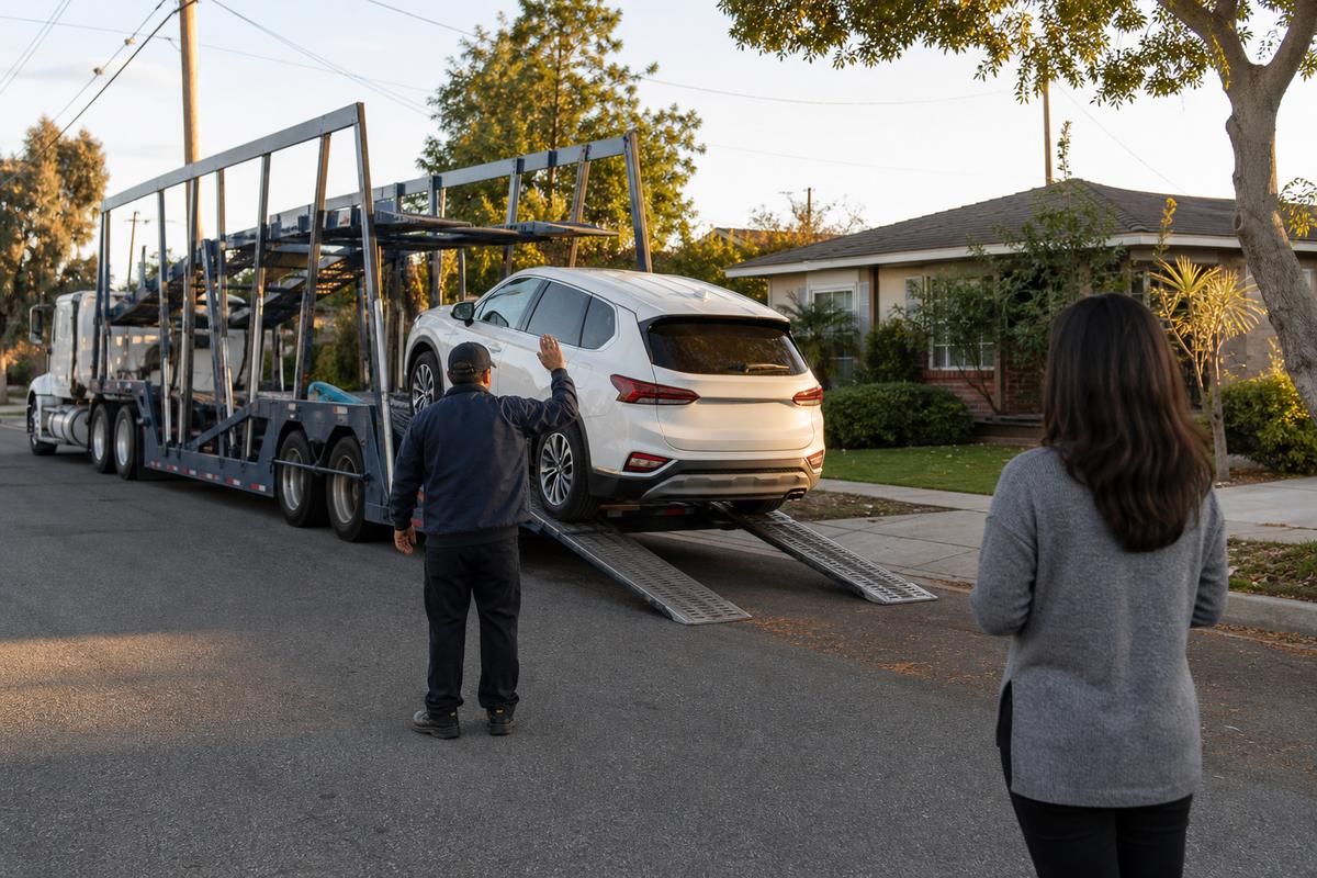 Car delivery in Los Angeles An SUV being driven down the ramps off an open carrier at delivery