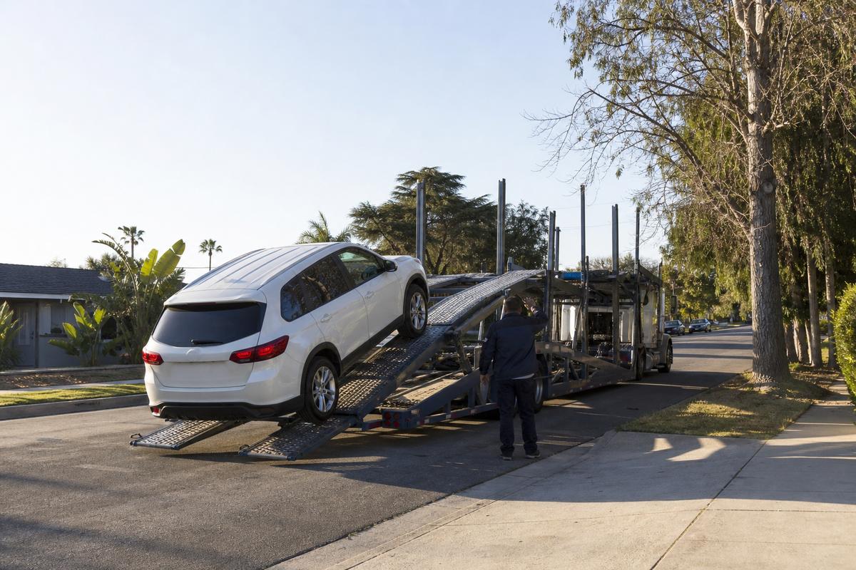 Car pickup in Los Angeles An SUV being driven up the ramps onto an open carrier at the curb
