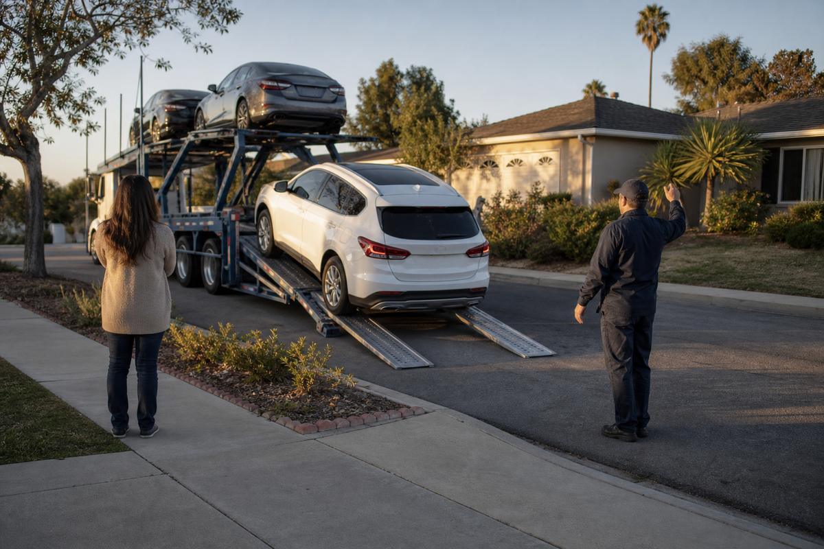 Car delivery in San Diego An SUV being driven down the ramps off an open carrier at delivery