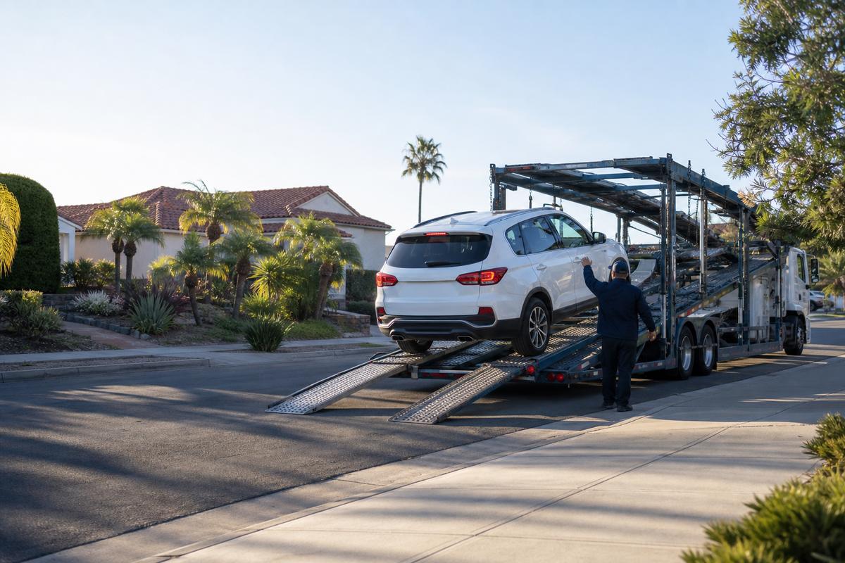 Car pickup in San Diego An SUV being driven up the ramps onto an open carrier at the curb