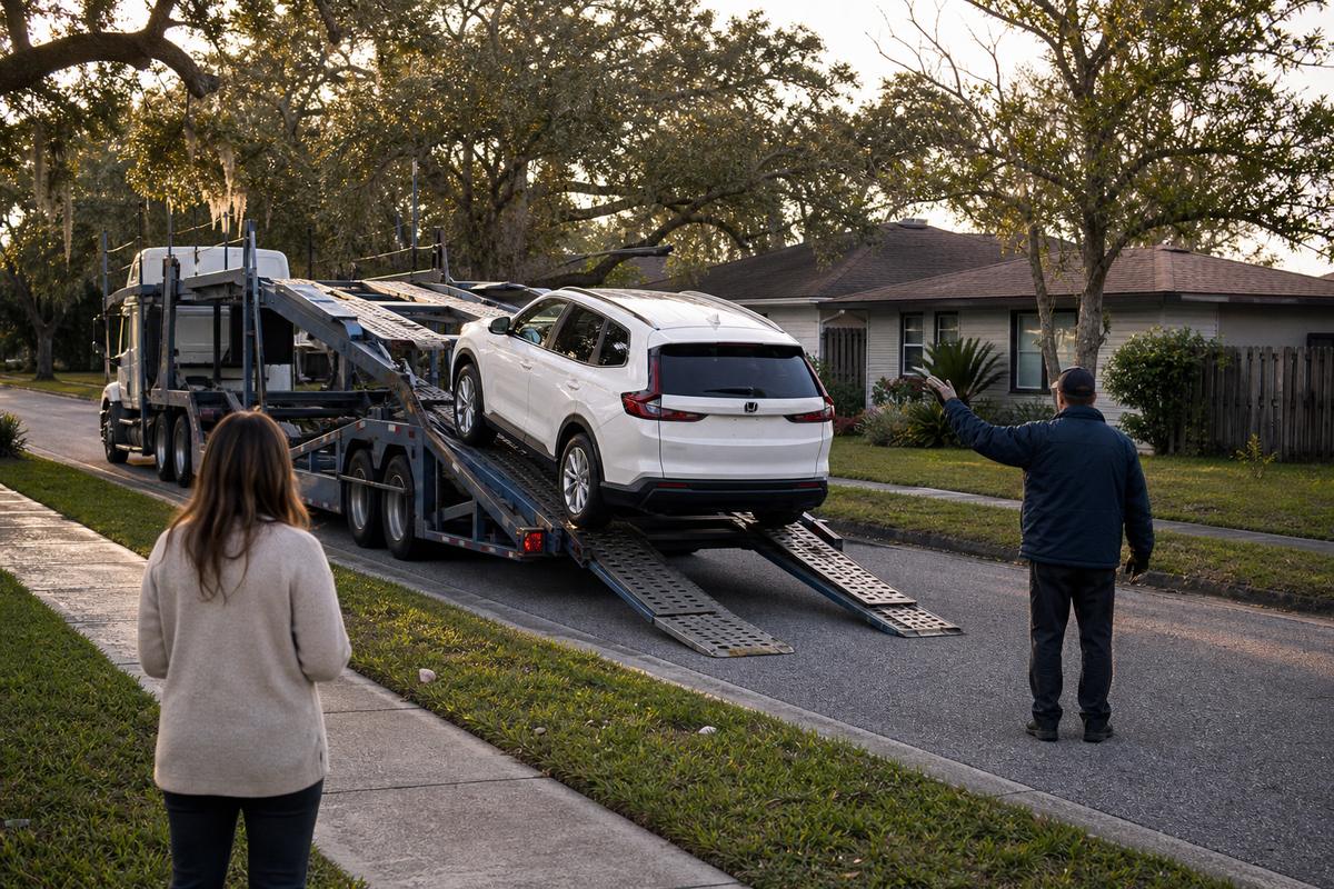 Car delivery in Jacksonville An SUV being driven down the ramps off an open carrier at delivery