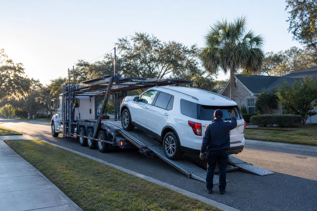 Car pickup in Jacksonville An SUV being driven up the ramps onto an open carrier at the curb