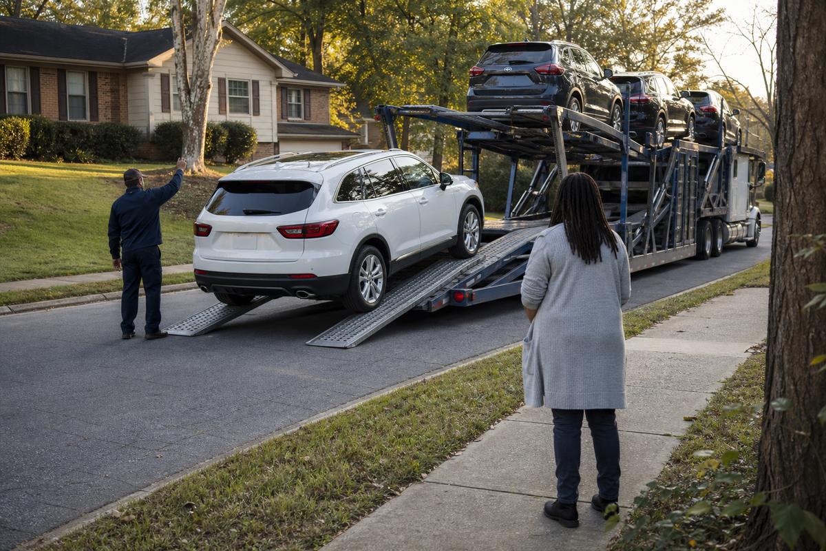 Car delivery in Atlanta An SUV being driven down the ramps off an open carrier at delivery