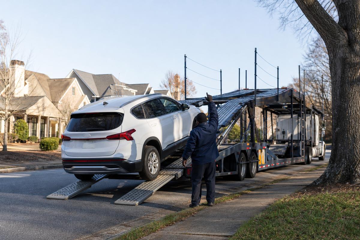 Car pickup in Atlanta An SUV being driven up the ramps onto an open carrier at the curb