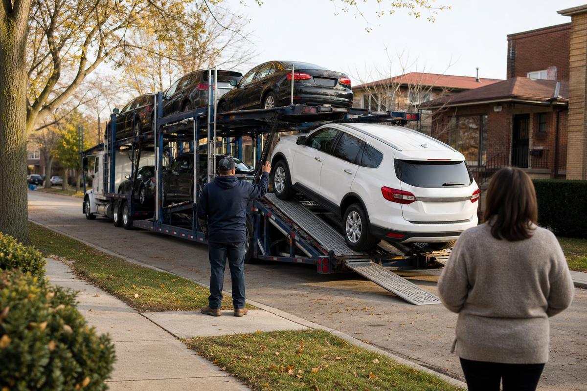 Car delivery in Chicago An SUV being driven down the ramps off an open carrier at delivery