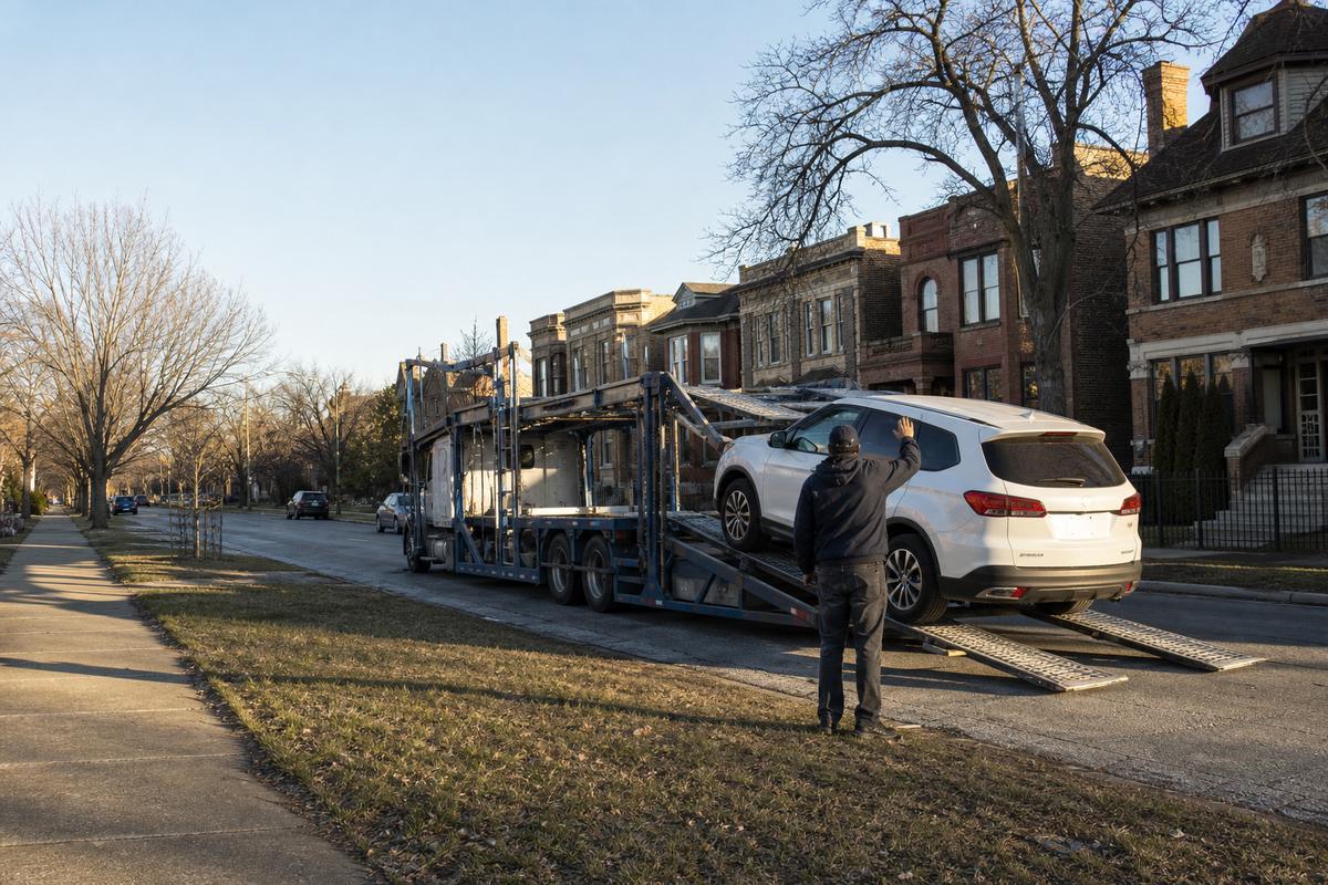 Car pickup in Chicago An SUV being driven up the ramps onto an open carrier at the curb
