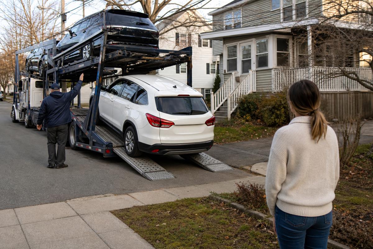 Car delivery in Boston An SUV being driven down the ramps off an open carrier at delivery