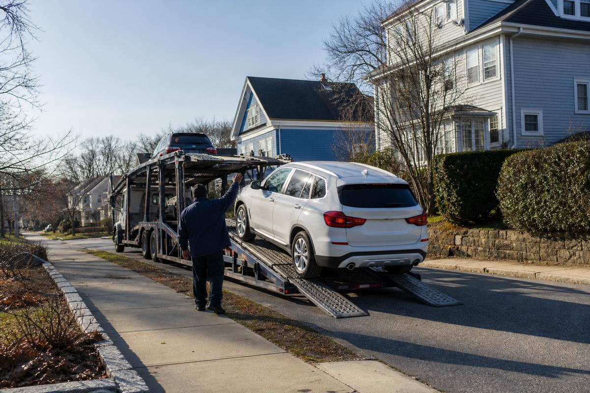 Car pickup in Boston An SUV being driven up the ramps onto an open carrier at the curb