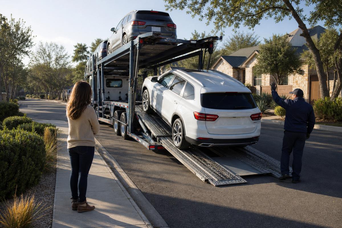Car delivery in Austin An SUV being driven down the ramps off an open carrier at delivery