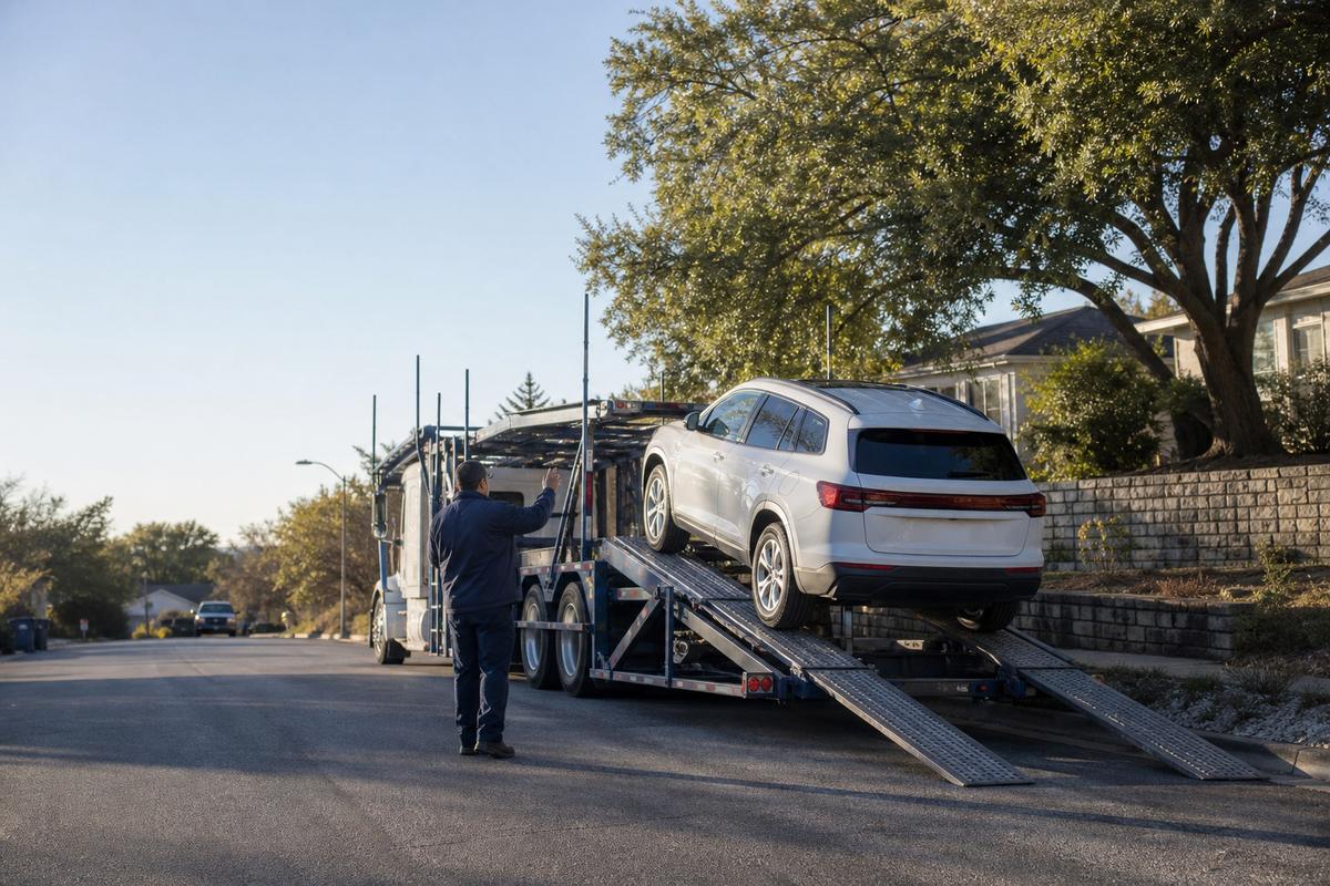 Car pickup in Austin An SUV being driven up the ramps onto an open carrier at the curb