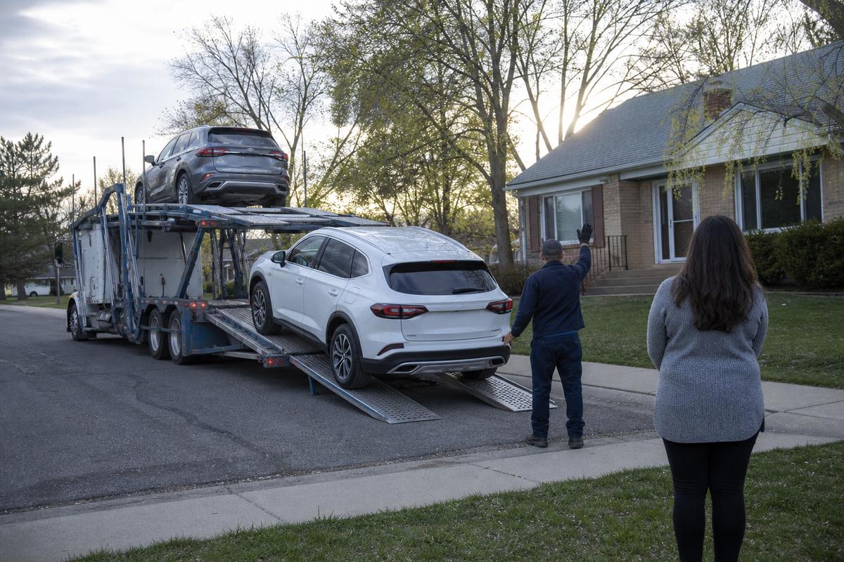 Car delivery in Salt Lake City An SUV being driven down the ramps off an open carrier at delivery