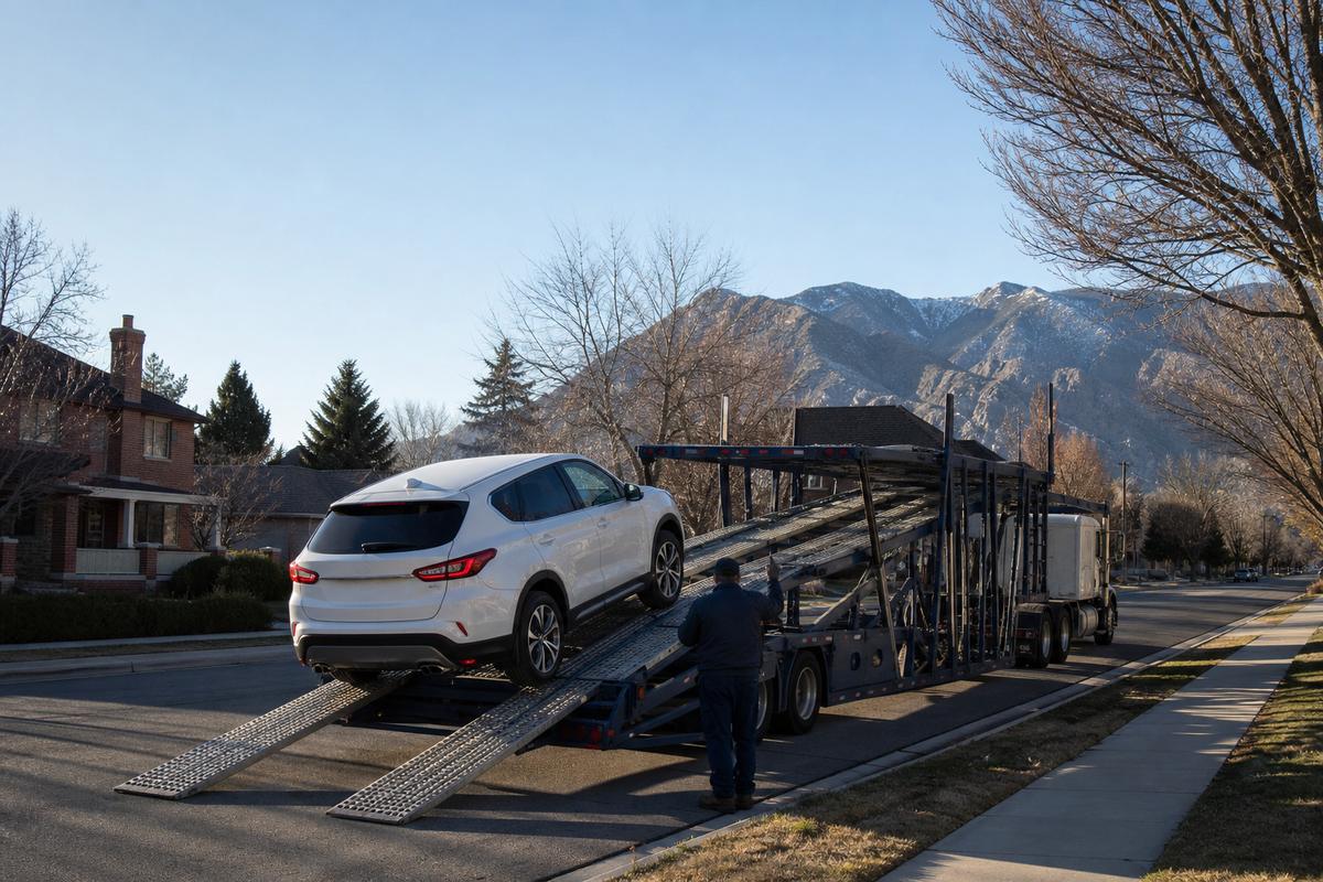 Car pickup in Salt Lake City An SUV being driven up the ramps onto an open carrier at the curb