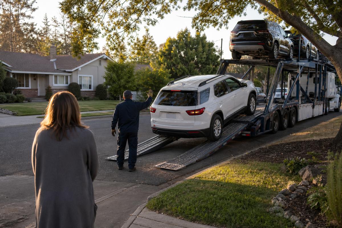 Car delivery in Sacramento An SUV being driven down the ramps off an open carrier at delivery