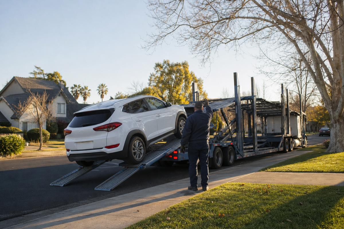 Car pickup in Sacramento An SUV being driven up the ramps onto an open carrier at the curb
