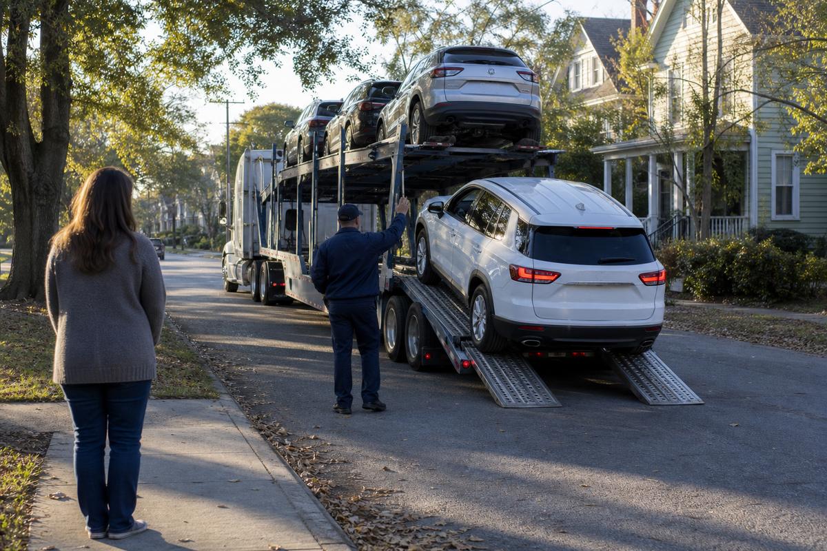 Car delivery in Savannah An SUV being driven down the ramps off an open carrier at delivery