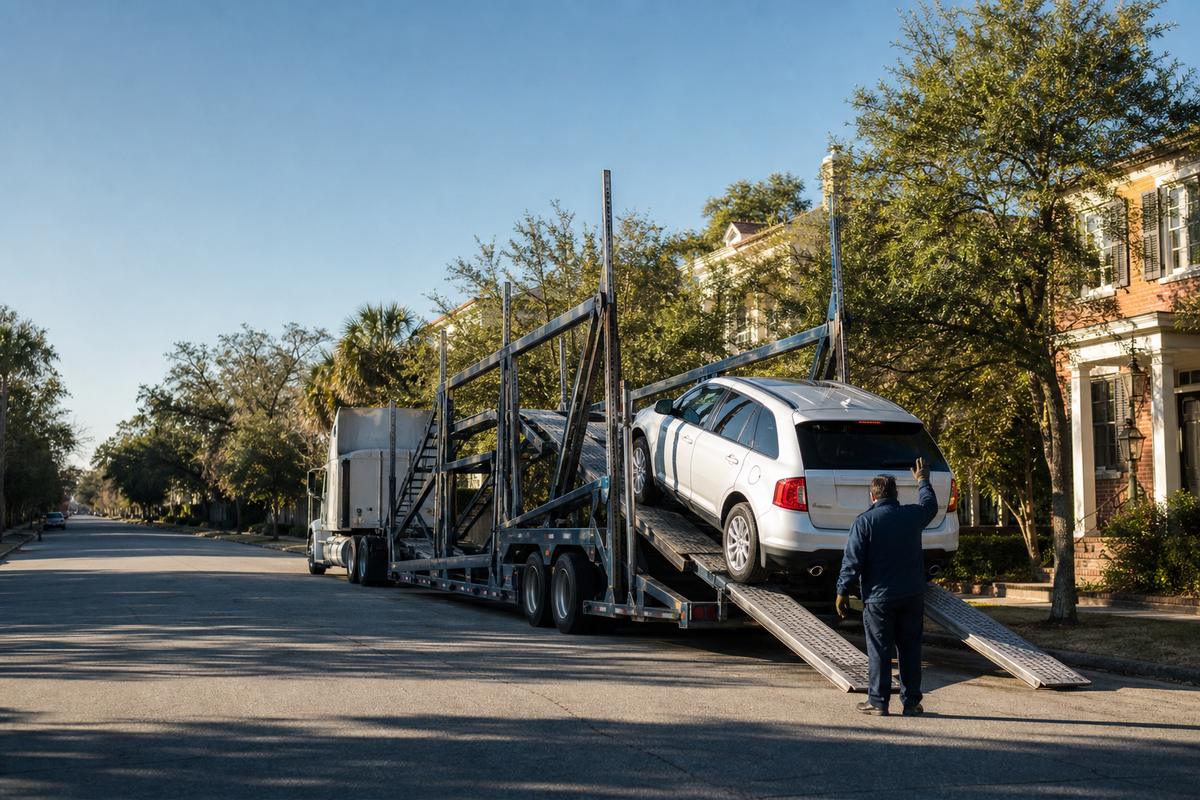 Car pickup in Savannah An SUV being driven up the ramps onto an open carrier at the curb