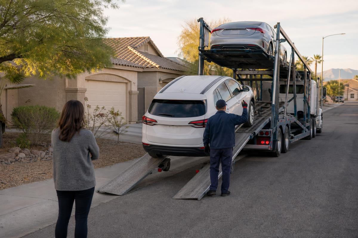 Car delivery in Las Vegas An SUV being driven down the ramps off an open carrier at delivery