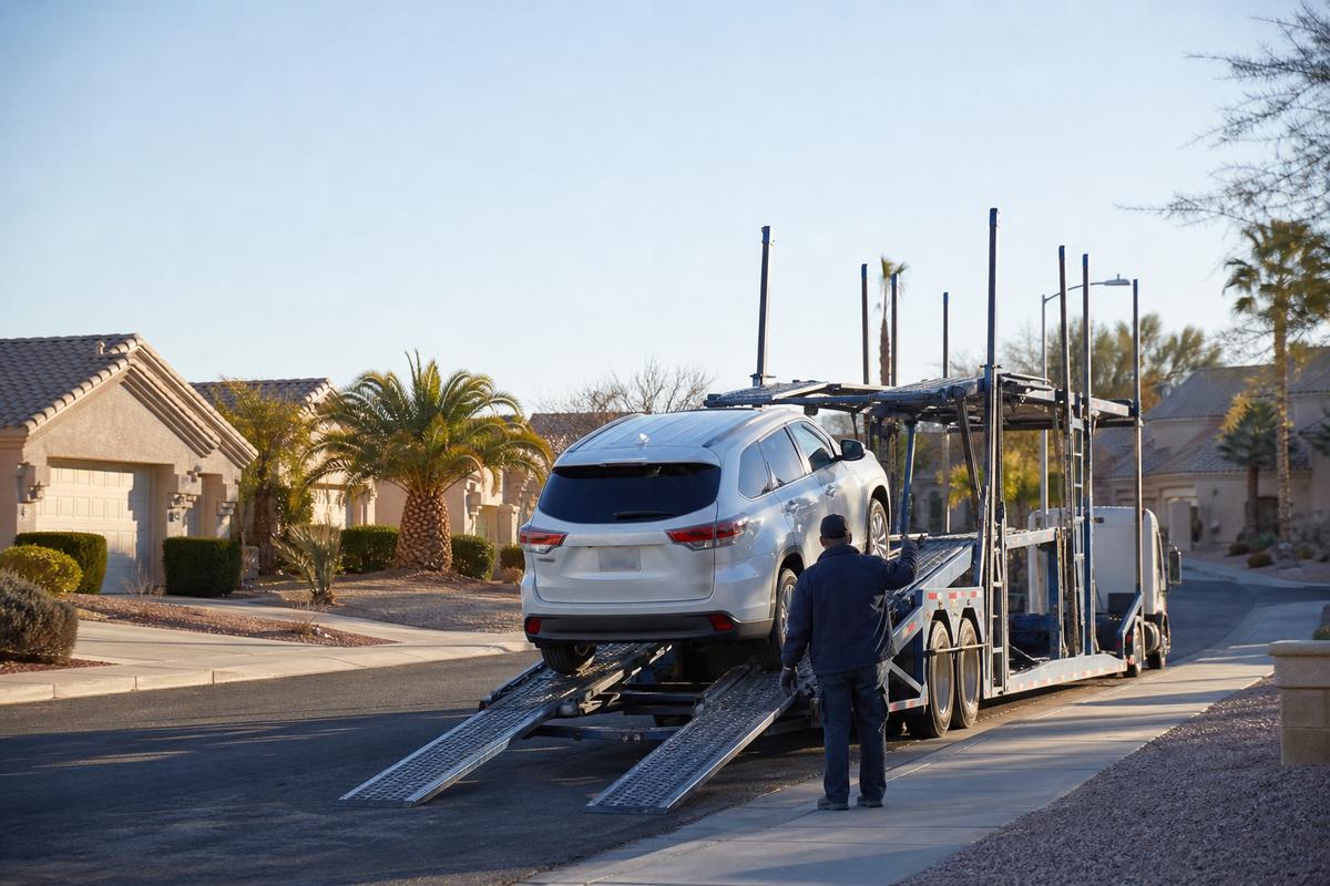Car pickup in Las Vegas An SUV being driven up the ramps onto an open carrier at the curb