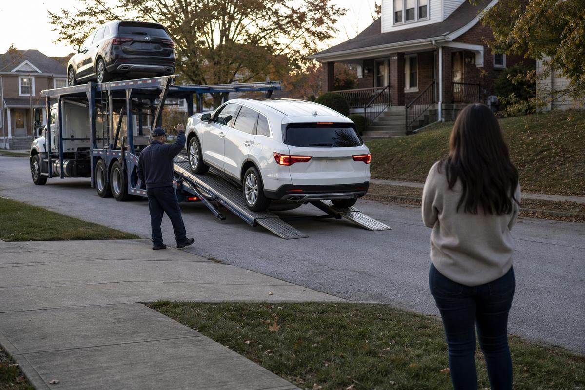 Car delivery in Cincinnati An SUV being driven down the ramps off an open carrier at delivery