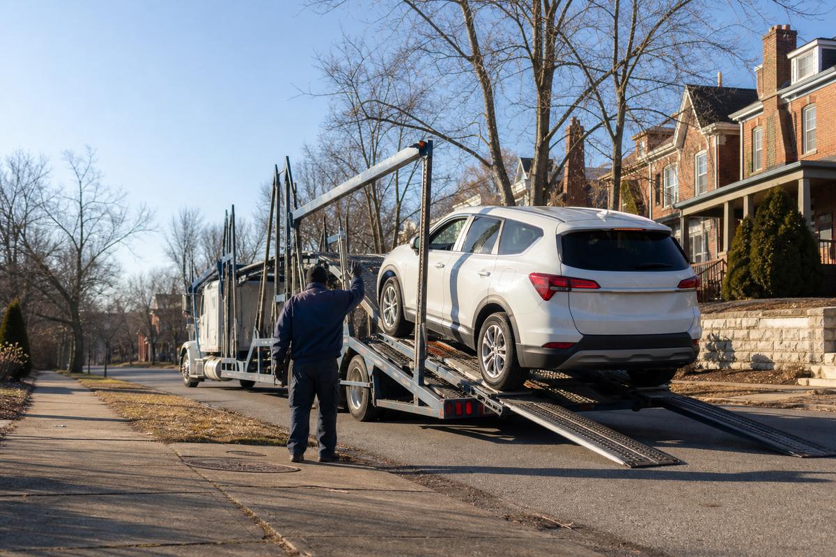 Car pickup in Cincinnati An SUV being driven up the ramps onto an open carrier at the curb