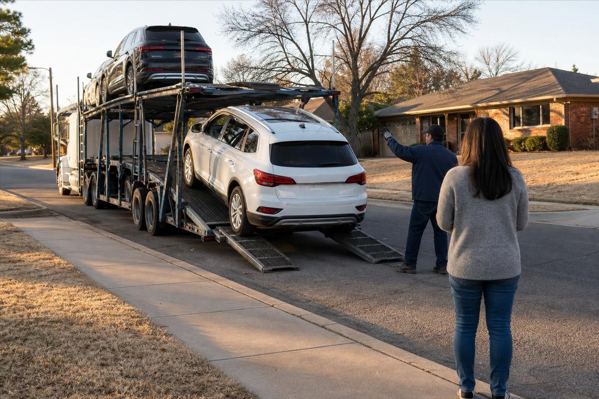 Car delivery in Oklahoma City An SUV being driven down the ramps off an open carrier at delivery