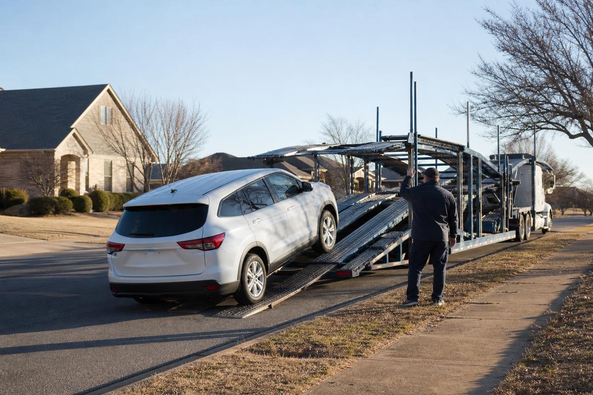 Car pickup in Oklahoma City An SUV being driven up the ramps onto an open carrier at the curb