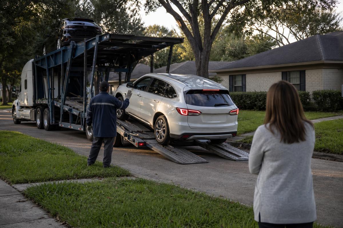 Car delivery in Houston An SUV being driven down the ramps off an open carrier at delivery