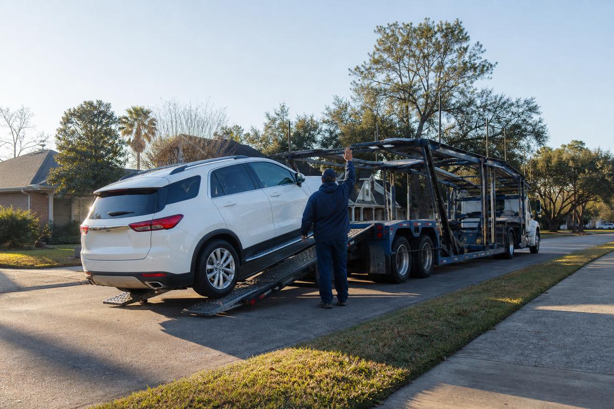 Car pickup in Houston An SUV being driven up the ramps onto an open carrier at the curb