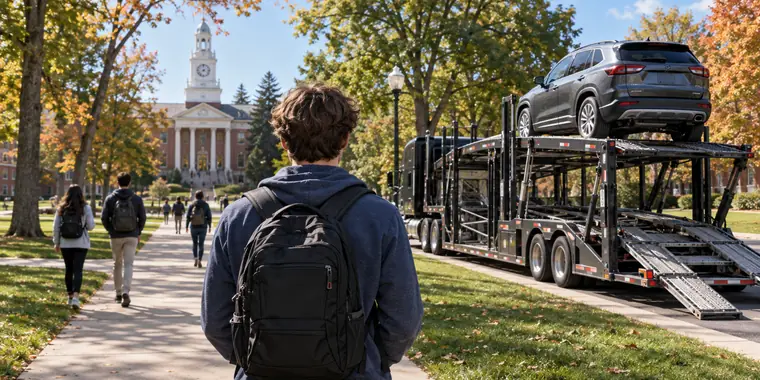 A college student watching a car carrier arrive on campus