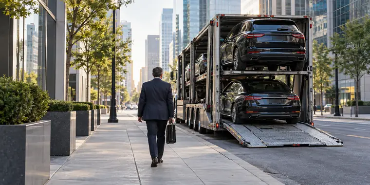 A businessman walking toward a car carrier on a downtown street