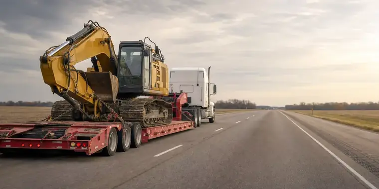 An excavator on a lowboy trailer