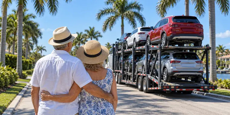 A retired couple watching a car carrier on a street lined with palm trees