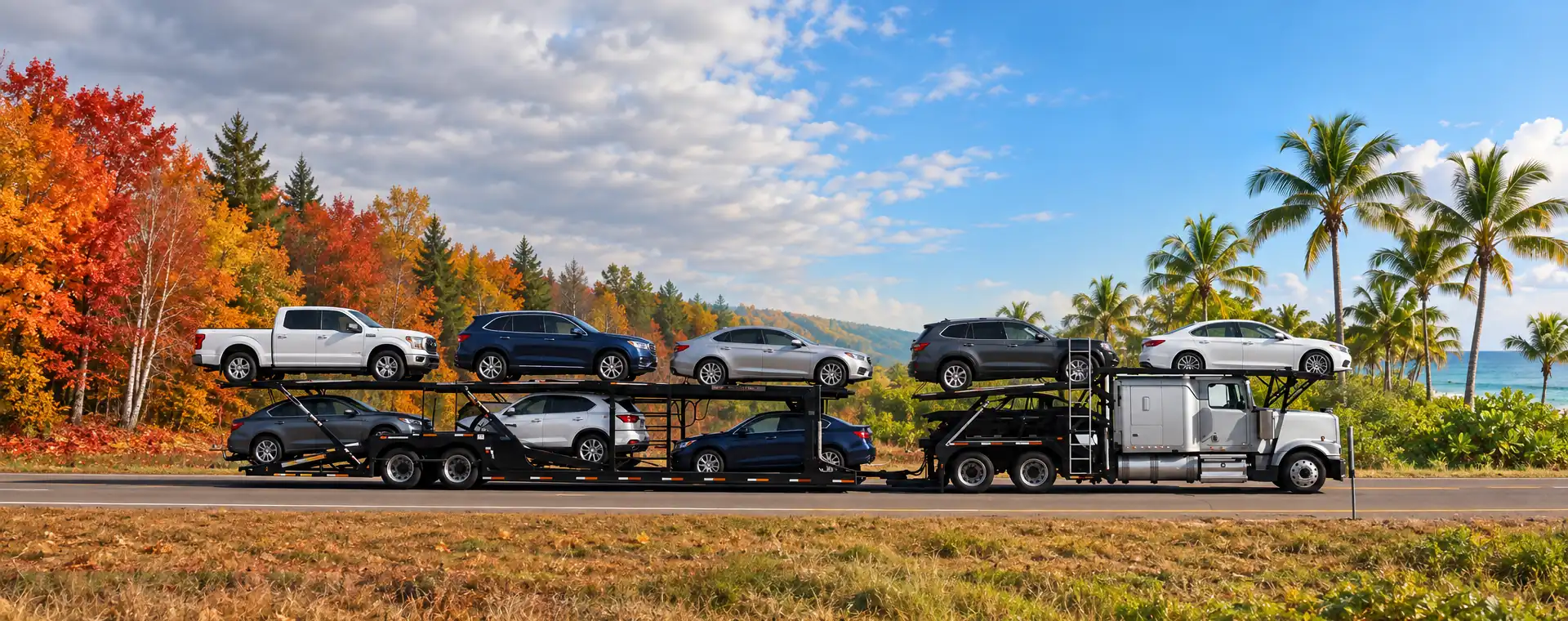 Snowbird car transport: an open car carrier on one highway from fall foliage in the north to palms in the south