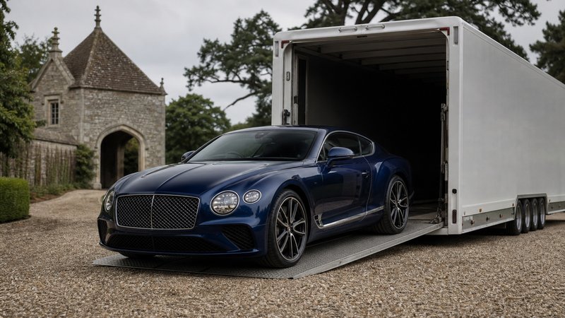 A dark blue Bentley grand tourer rolling down the ramp of an enclosed auto transport trailer onto a gravel estate driveway