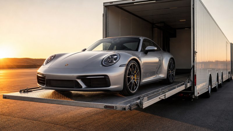 A silver Porsche 911 on the liftgate of an enclosed auto transport trailer at golden hour