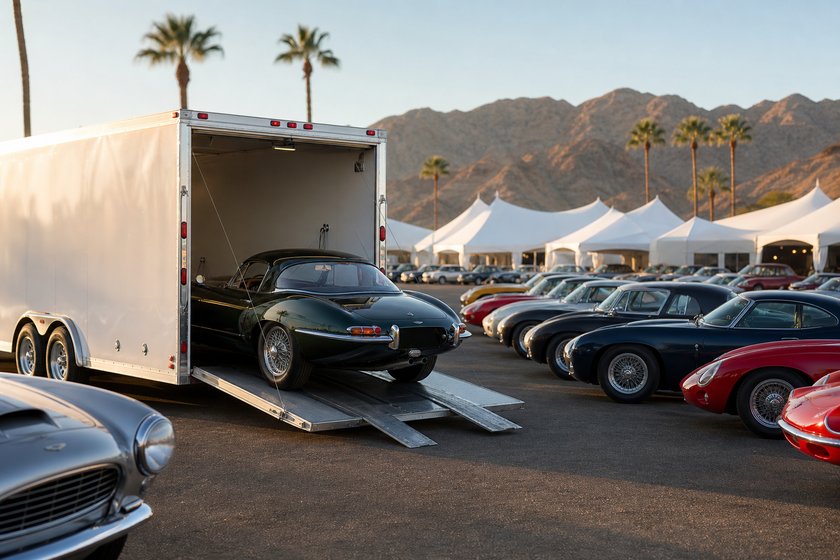 Classic cars lined up outside auction tents in the desert, an enclosed transport trailer unloading in the foreground